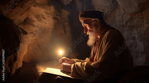 Biblical Illustration - An older man perhaps a scribe or prophet writes while in a cave - Generative AI Illustrations