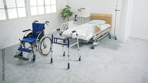 介護用品の置かれた部屋 介護ベッド 車椅子 歩行器
