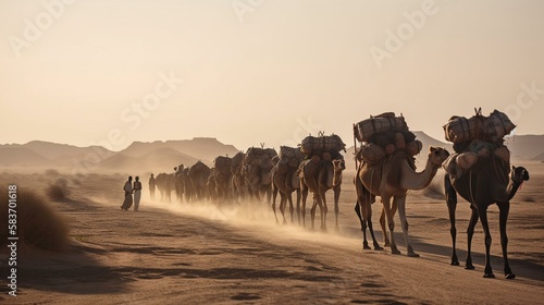 A caravan of camels carrying goods and supplies across a vast and endless desert, with nothing but sand and sky in every direction Generative AI