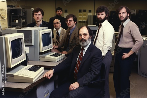 Retro vintage photography of teamwork of IT specialist back in the 80s. Generative AI