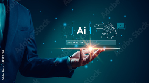 Ai technology, Artificial Intelligence. Man using technology smart robot AI, artificial intelligence by enter command prompt for generates something, Futuristic technology transformation. Chat with AI