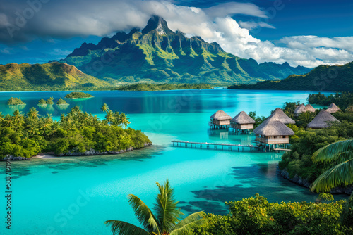 A peaceful and tranquil lagoon in Bora Bora, French Polynesia, with crystal-clear waters and overwater bungalows dotting the shoreline - Generative AI