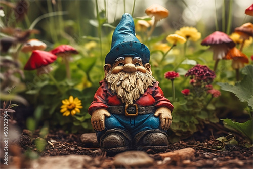 Colorful garden gnome in a vibrant summer garden filled with various plants and flowers created with generative AI technology