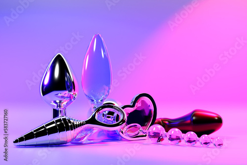 3D illuastration, a collection of different types colorful of sex toys, including dildo and butt anal plugs on pink background.