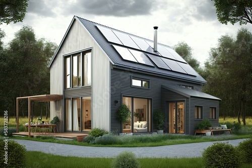 Passive house with solar panels. Green lawn and trees. Generative AI