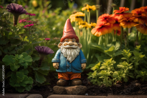 Charming garden gnome surrounded by a lush summer garden with various plants and flowers, enjoying the golden hour sunlight. Generative AI