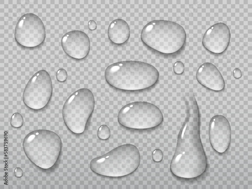 Realistic water drops on transparent background. Vector droplets of rain or dew, water vapor or steam condensation on wet surface. 3d clear aqua drops and liquid bubbles with light reflections