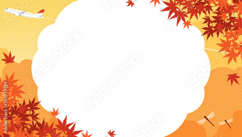 秋の紅葉と飛行機、赤とんぼの飛ぶ風景 フレーム・背景素材（横向き16:9）