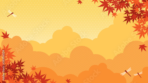 秋の紅葉と赤とんぼの舞う風景 背景素材（横向き16:9）