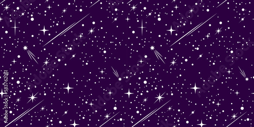 Space sky seamless pattern, stars and comets on violet background. Vector magic cosmic abstract esoteric ornament. Astronomy or astrology science repeated backdrop, starry galaxy or infinite Universe