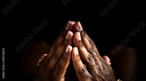 ?Hands in prayer pose, trusting religion & God on a shadowy backdrop. The power of faith, love, & hope - AI generation. Namaste or Namaskar.