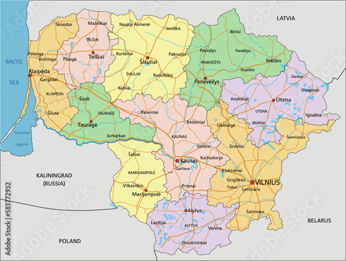 Lithuania - Highly detailed editable political map with labeling.