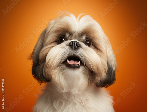 Beautiful portrait of white brown shih tzu puppy with innocent face isolated cutout on orange background