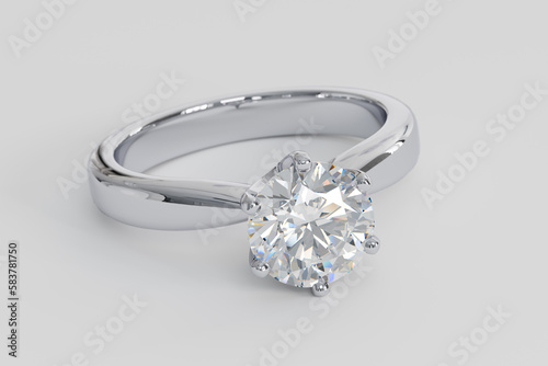 Diamond solitaire engagement ring with a round brilliant cut stone on white background. 3d rendering