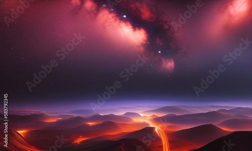 Ilustracja inspirowana kosmosem, niebo, mgławica, mgła, lawa w szczelinach, powierzchnia planety. Wygenerowane przy użyciu AI.