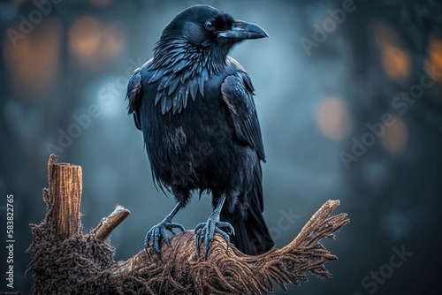 A large raven perches atop a branch, its black feathers and sharp beak making it stand out in the wildlife. Ai generated.