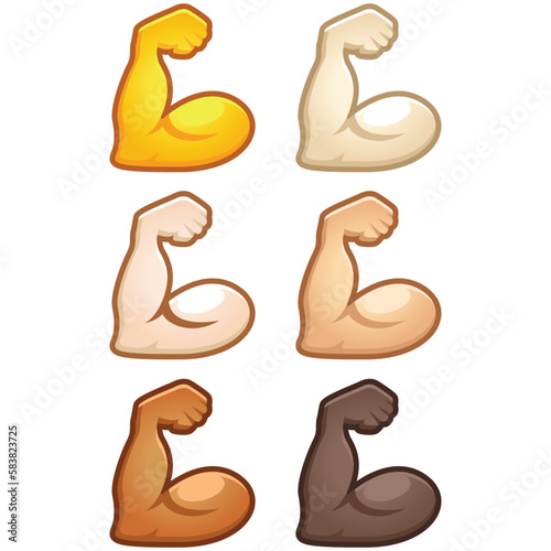 Different mood emoji. Emotional flex bicep muscle emoji hand set of various skin tonescute cartoon stylized vector cartoon illustration icons. Isolated on white background.