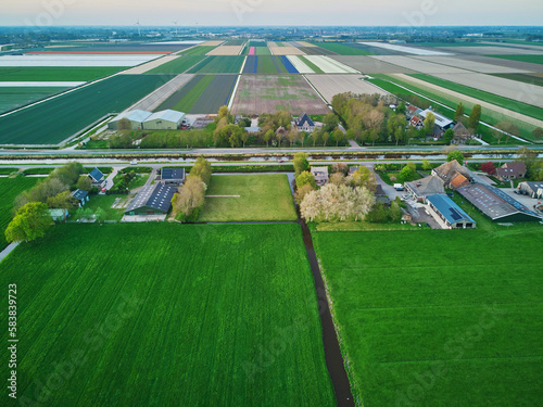 Aerial drone view of typical Dutch fields and polders