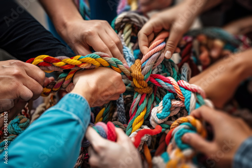 Many peoples hands working together to untangle a knotted rope. Business teamwork. Generative ai