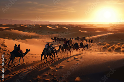 Camel caravan with people tourist silhouette going through the sand dunes in the Desert, sunset, AI generative