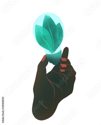 Mano de mujer negra sosteniendo una bombilla con un brote de planta dentro. Concepto de energía verde, ecologismo, renovables, reciclaje, calentamiento global. Ilustración aislada, fondo transparente