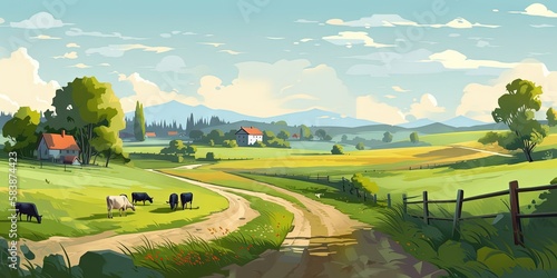 The pastoral view features grassy fields, farms, and grazing livestock in the countryside, Generative AI