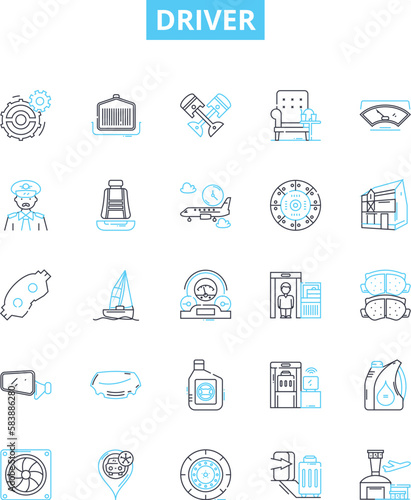 Driver vector line icons set. Driver, Chauffeur, Courier, Pilot, Operator, Conductor, Navigator illustration outline concept symbols and signs