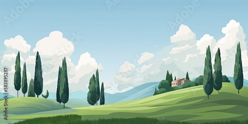 A scenic vector illustration featuring the Italian countryside with rolling hills, pines, and cypresses at sunrise, Generative AI