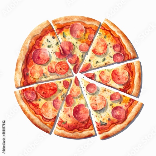 Pizza pepperoni isolated on white background. Watercolor food illustration. Generative AI.