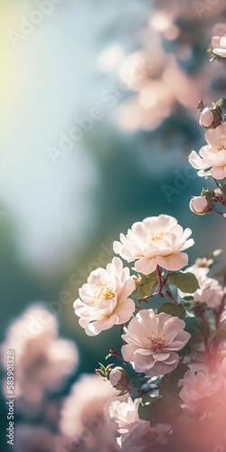 Blooming rose bush. Natural floral spring background. generative ai spring floral wallpaper. Soft selective focus on rose blossoms