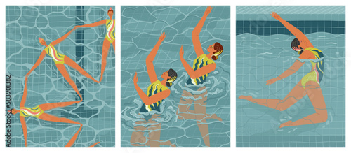 Synchronized swimming vector posters set. Women synchro swimmers work as a team in swimming pool. Water sport concept