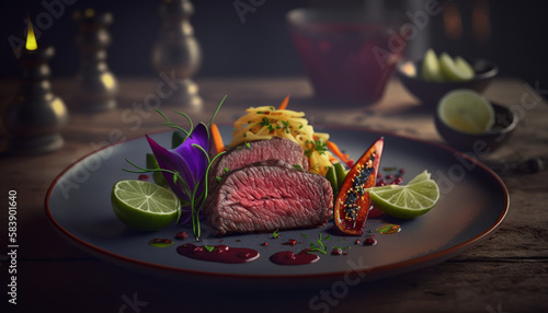 Still life of venison meat, lime, red pepper in a restaurant ,Generative AI. High quality photo
