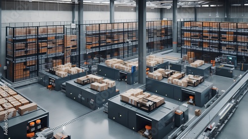 Organized warehouse interior showcases efficiency in logistics and supply chain management. Effective inventory control, order fulfillment, and space optimization. Generative AI