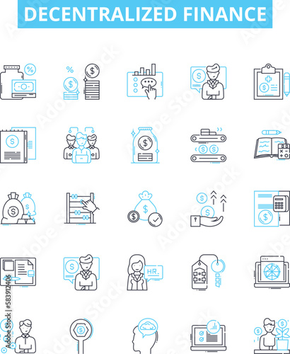 Decentralized finance vector line icons set. DeFi, Blockchain, Crypto, Smart Contracts, Distributed Ledger, Digital Currencies, Cryptocurrency illustration outline concept symbols and signs