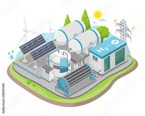 hydrogen fuel cell ecology concept h2 energy power plant green power ecology system illustration isometric isolated vector isometric
