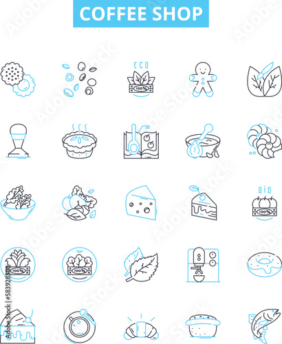 Coffee shop vector line icons set. Cafe, Coffeehouse, Espresso, Latte, Cappuccino, Mocha, Frappuccino illustration outline concept symbols and signs