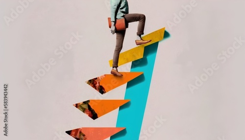 Stylized collage concept of a person feet stepping upward on a ladder, representing growth, career development, and personal achievements through determination and hard work. Generative AI