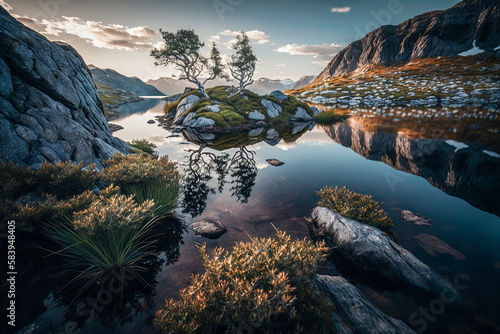 Mountain Serenity: Embracing the Calmness and Reflection of a Scenic Lake Amidst the Rocky Terrain, ai generative