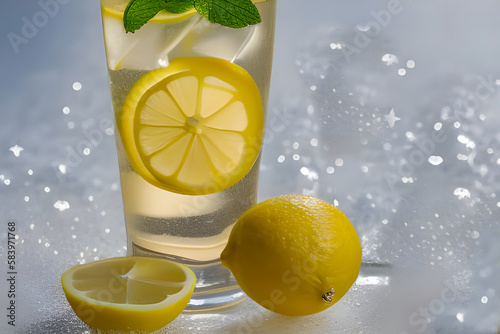 Lemoniada z cytryną i lodem, mięta . Ilustracja wygenerowana przy użyciu AI