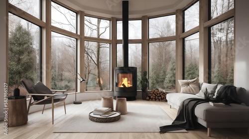 Salon moderne avec un poêle à bois en train de fonctionner pendant l'hiver - Illustration IA 