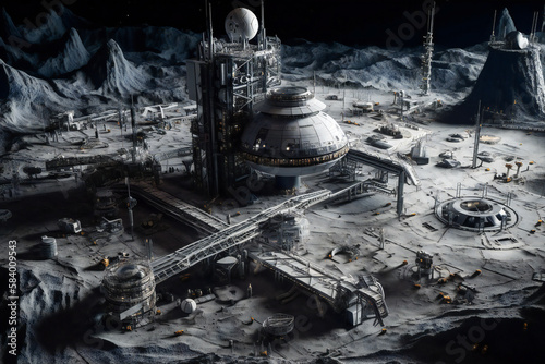 Future Moon other planets moons base or scientific facility. Moon or outer space colonization concept. Created with Generative AI technology.