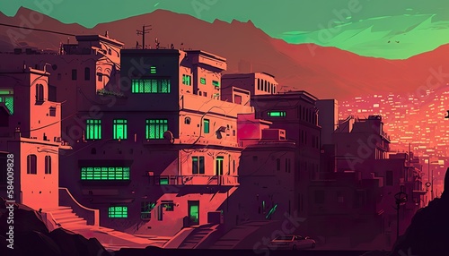Yemen Sanaa cityscape . Creative illustration. (Ai Generate)