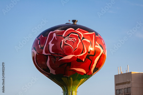 A beautiful red rose flower design on a water tower in Rosemont, Illinois.