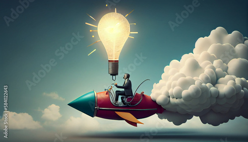 Creative new idea, innovation start up business or inspiration to achieve success goal concept, businessman leader riding flying lightbulb lamp with rocket booster in the cloud sky. Generate Ai.