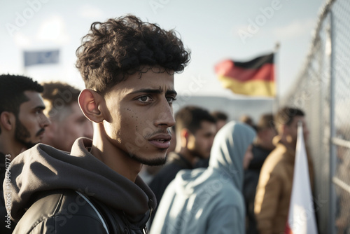 migration and refugees, immigration to germany, young men standing at the border fence. Generative AI