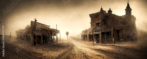 A main street in an abandoned ghost town, surrounded by a dark and sinister desert landscape, to be used in visuals rich in emotion and mystery. Generative AI