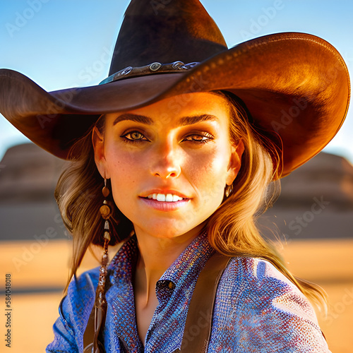 portrait of a beautiful woman old west cowgirl in a cowboy hat. illustration. generative ai