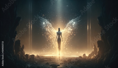 Lone silhouetted winged angelic figure with darkness illuminated by the light of the divine. Created with Generative AI.