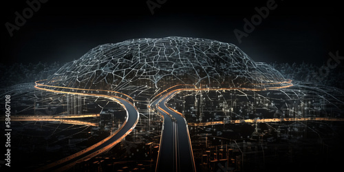 a rendering of a fictitious motorway route in the shape of the human brain. Concepts related to big data, artificial intelligence, machine learning, virtual reality high-speed networks - Generative AI