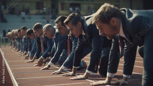 des hommes en costume sur une piste d'athlétisme, prêts à s'élancer pour une course - generative ai